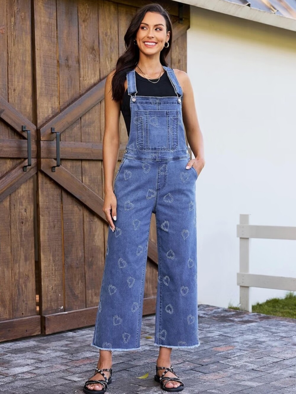 Light Blue Denim Wide Leg Heart-Embroidered Overalls W/Adjustable Straps. NWT